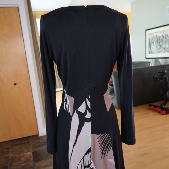 $425 ISSA London dress size US 6 black with beige abstract print 100% silk flare - Picture 3 of 14